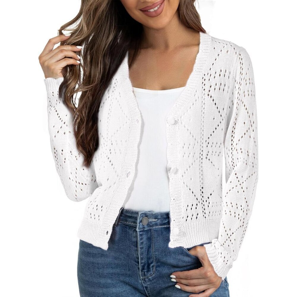 Women's Crochet Knit Cropped Cardigan Lightweight V Neck Button Up